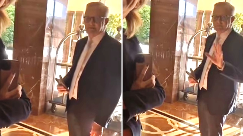 A Melbourne Freedom Rally Activist Managed to Ambush Prime Minister Albanese in the Foyer of the Grand Hyatt Hotel in Melbourne