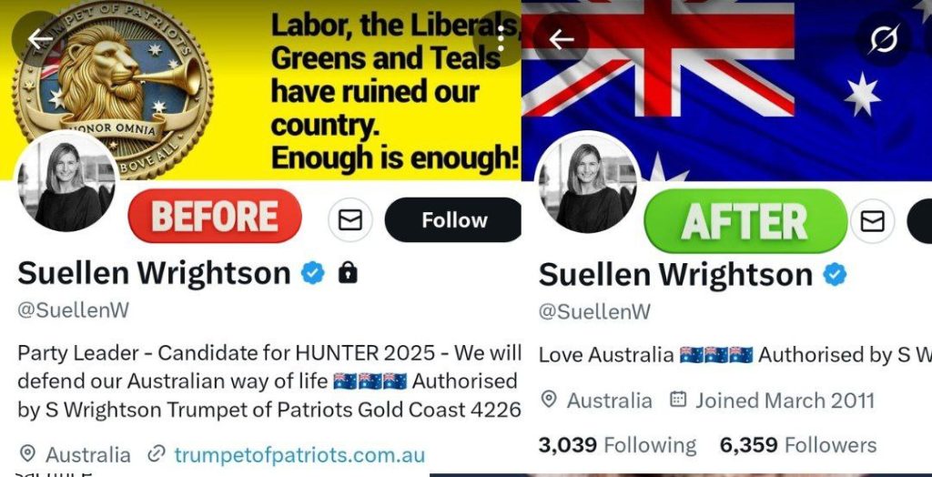 Trumpet of Patriots “Leader” Suellen Wrightson has Just Removed all References to the Party From Her X Account. She NEVER Believed in This Party Herself