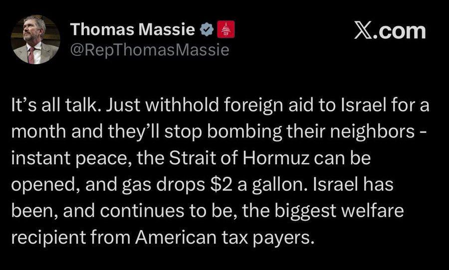 Rep. Thomas Massie (R) dismissed reports of a Trump–Netanyahu rift as empty rhetoric while attacking US aid to Israel, via social media: